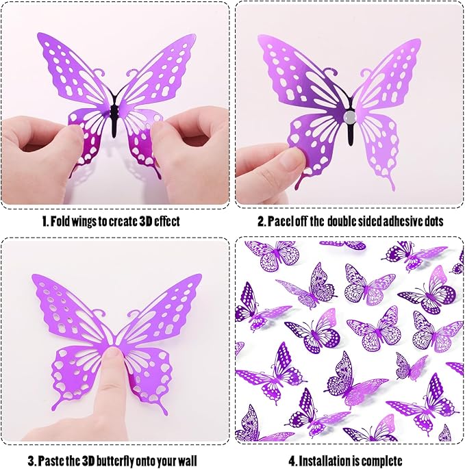 SAOROPEB 3D Butterfly Wall Decor - 48 Pcs, 4 Styles, 3 Sizes - Purple Butterfly Decorations for Birthday Parties, Removable Stickers-Ruum Studio Home