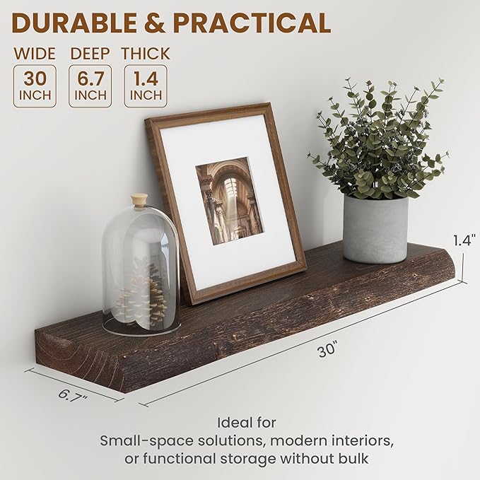 30" Floating Shelves, Live Edge Solid Elm Wood Floating Shelf, Wall Mounted Display Shelves with Heavy-Duty Bracket for Books, Rustic Wooden Shelf for Kitchen, Bathroom, Walnut Color, Set of 2-Ruum Studio Home