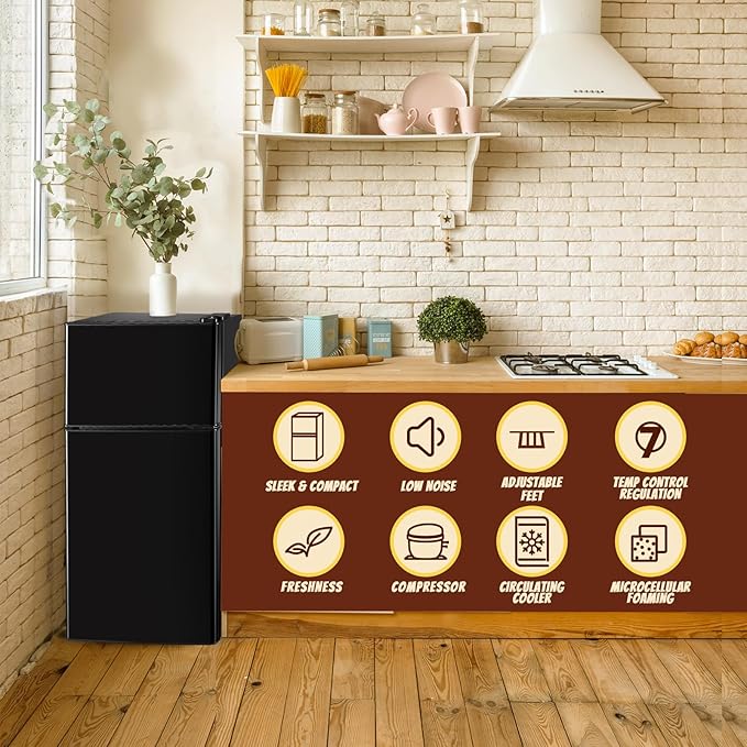 Mini Fridge with Freezer Small Refrigerator Double Door Dorm Fridge for Single Removable Shelves for Bedroom, Office, Dorm Black-Ruum Studio Home