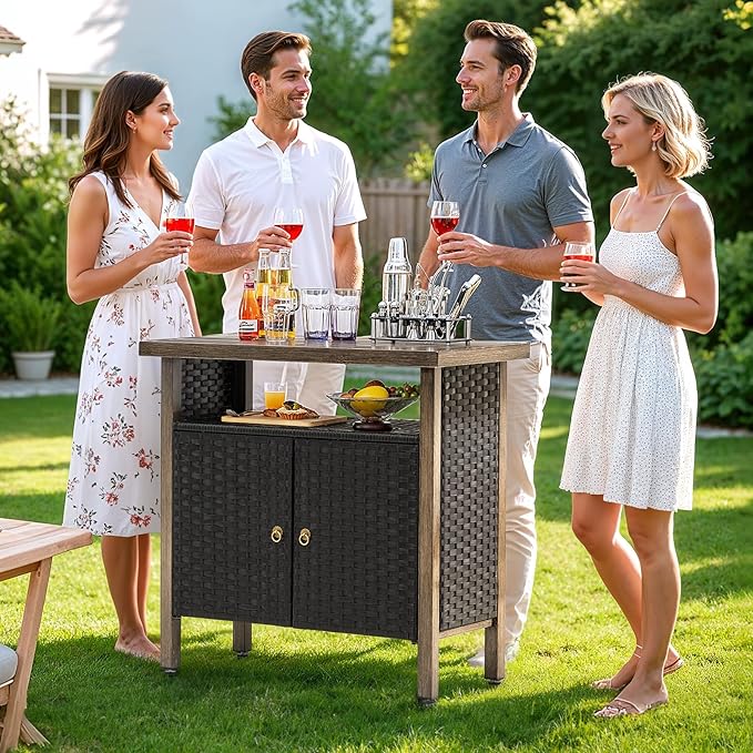 Outdoor Storage Cabinet, Woven Rattan Bar Table with 2 Doors, Slatted-Top, Wicker Console Table for Patio, Garden, Backyard, Kitchen - Black-Ruum Studio Home