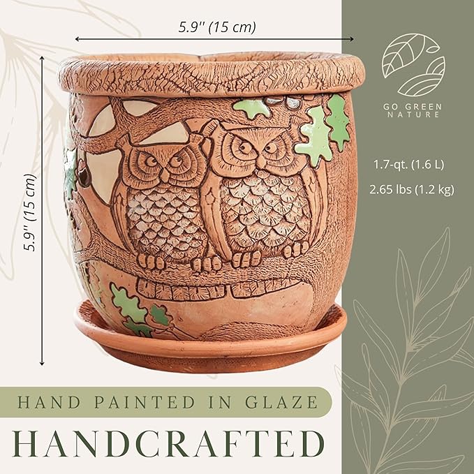 Ceramic Pot with Drainage Hole and Saucer, Plant Pots, Modern Decorative Planters for House Plants Indoor Flowers Plants, Cute Flower Pot - Gifts (Owls (1.6 L))-Ruum Studio Home