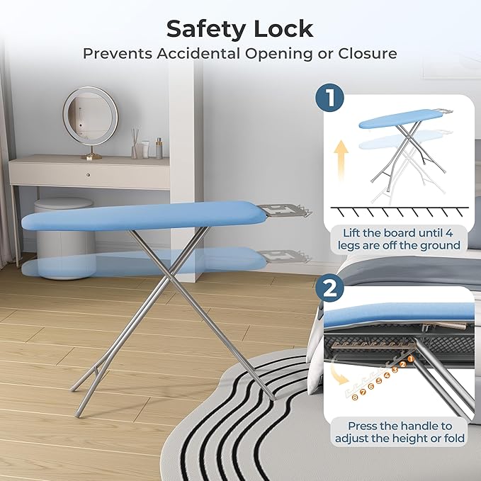 Yaheetech Foldable Ironing Board, Heavy Duty Iron Board with 9 Adjustable Heights, 4 Layer Cover and Safety Iron Rest, 52X14 Compact and Space Save Iron Board for Home Laundry Room Use, Blue-Ruum Studio Home