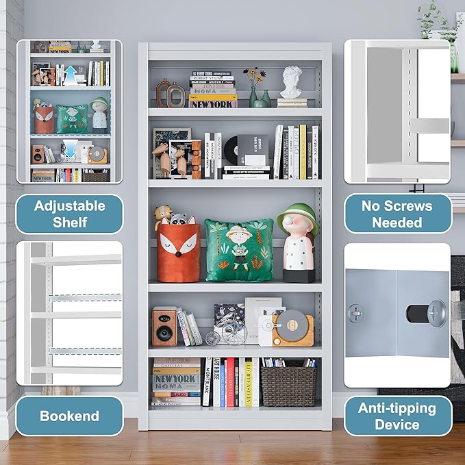 Bookcase, 5-Shelf Industrial Bookshelf, Large Storage Space, Adjustable Bookshelves, Perfect for Living Room, Home Office, Garage, Ideal for WFH Essentials & Home Office Upgrade-Ruum Studio Home