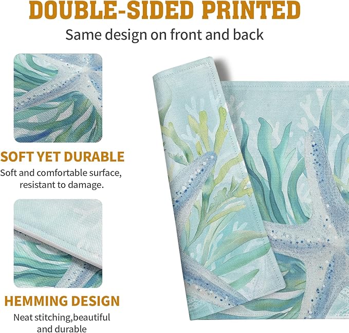 Nautical Coastal Placemats Set of 4 Ocean Coral Starfish Seagrass Beach Theme Table Mat 12x18 Inch Teal Turquoise Blue Summer Linen Fabric Place Mats for Party Kitchen Dining Outdoor Indoor Decor-Ruum Studio Home