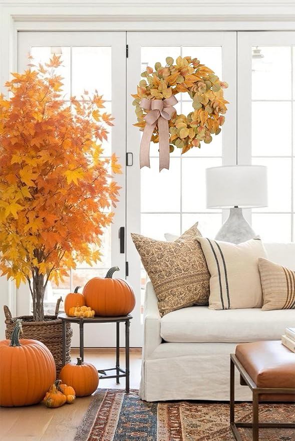 Fall Wreath for Front Door 24 Inch, Autumn Colored Faux Leaves Wreath with Bow, Simple & Minimalist Fall Decoration for Home Farmhouse Door Wall Window Indoor/Outdoor-Ruum Studio Home