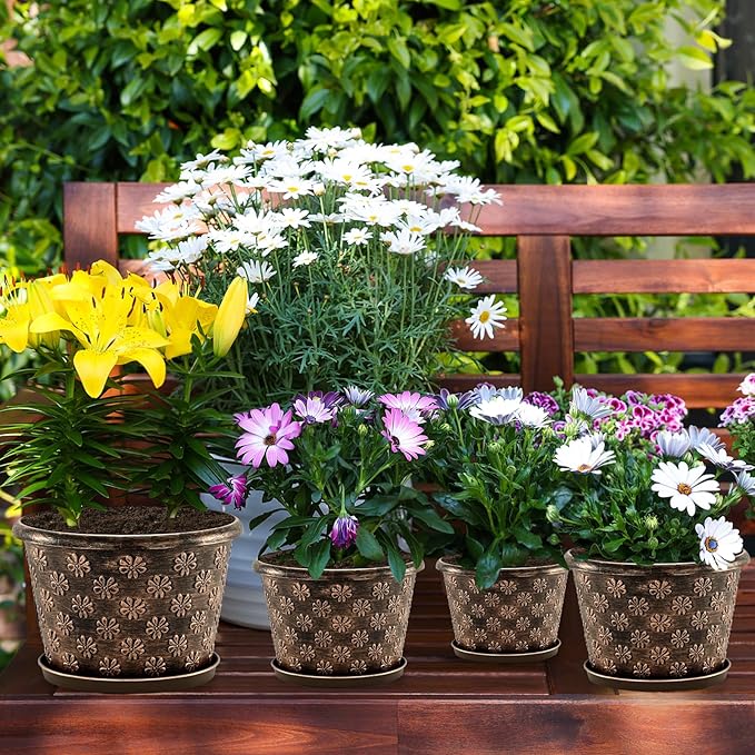 10 Inch Planter Pots for Plants, 4 Pack Plastic Large Flower Pots Indoor Outdoor, Resin Plant Pot with Drainage & Saucer, Retro Decorative Garden Pot with Removable Trays for House-Ruum Studio Home