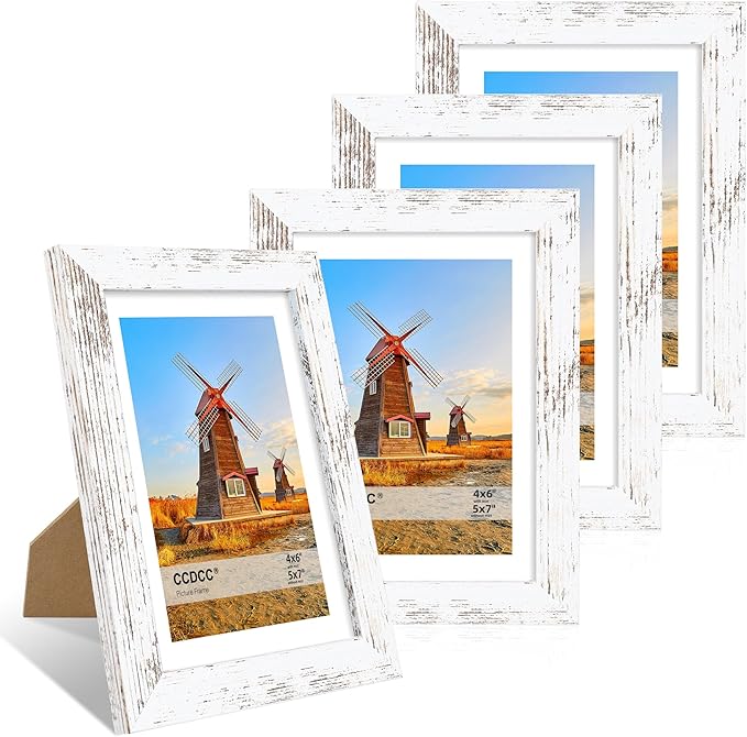 5x7 Picture Frame Set of 4, 5 x 7 Wood Photo Frames with Mat for 4x6, Rustic Natural Wooden Frame with Real Glass Cover for Wall and Tabletop Display,Distressed White-Ruum Studio Home