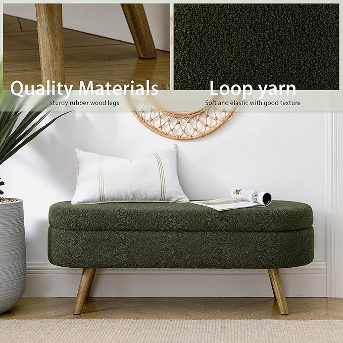 Oval Storage Bench 43.5" Linen Fabric Upholstered Entryway Bench with Solid Wood Legs Ottoman Bench Indoor Bench for Living Room/Bedroom/End of Bed/Entryway (Dark Green)-Ruum Studio Home