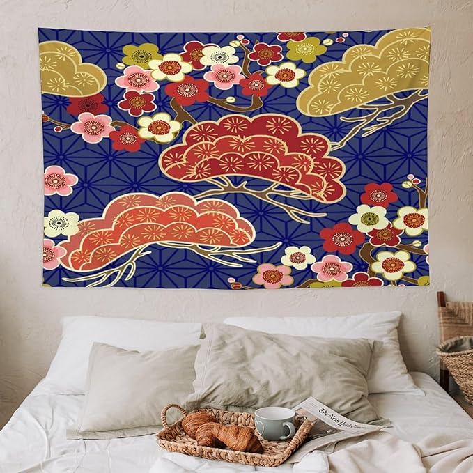 HZOHNAGO Japanese Tapestry Art Abstract Colorful Cherry Blossom Blue Background Pattern Printed Wall Tapestry Painting Wall Hanging for Bedroom Living Room Dorm 60" W x 40" H-Ruum Studio Home