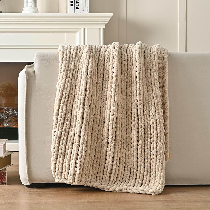 Esterra Chunky Knit Blanket Throw 50"x60", 100% Hand Knitted Chenille Throw Blanket, Cozy Soft Thick Cable Knit Throw Large Rope Knot Crochet Throw Blanket for Sofa Couch Bed, Sandshell/Oatmeal-Ruum Studio Home