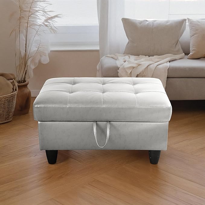 Ottoman Rectangular Storage Ottoman Bench, Faux Leather Footrest, Coffee Table, Stool Footstool with Hinged Lid for Living Room, Bedroom, Entryway, Silver, 35"x23.5"x17.5"-Ruum Studio Home