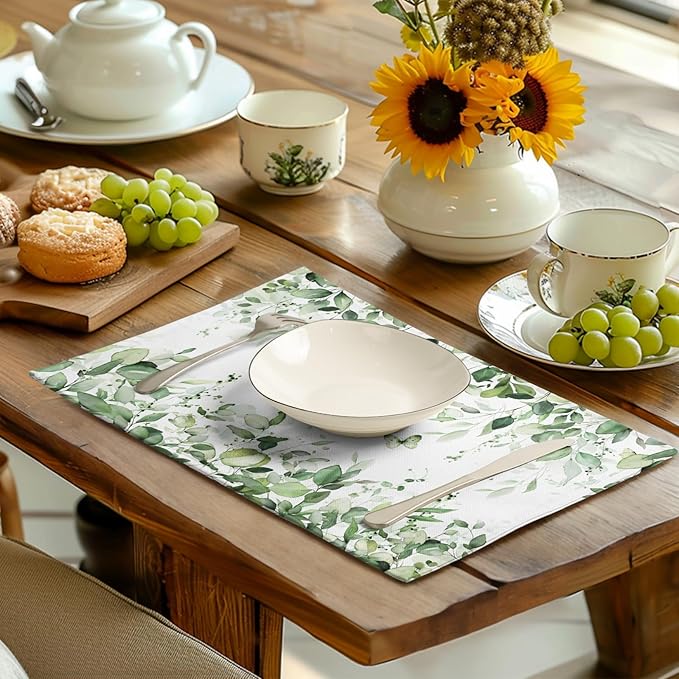 Sage Green Leaf Placemats Set of 4 Eucalyptus Leaves Place Mats 12×18 Inch Spring Summer Rustic Vintage Farmhouse Washable Linen Fabric Table Mats for Party Kitchen Dining Outdoor Indoor Decor-Ruum Studio Home