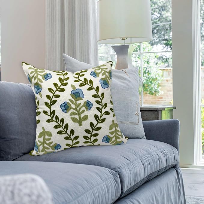 Alysheer Floral Embroidered Summer Decorative Throw Pillow Covers 20"x 20" Set of 2, Farmhouse Cottage Blue Flowers Green Leaves Knit Pattern Cotton Canvas Cushion Case for Couch Bed Living Room-Ruum Studio Home