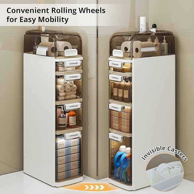 VECELO 5-Tier Narrow Beside Toilet Storage Cabinet, Plastic Bathroom Organizers and Storage with Drawers & Wheels, Space-Saving, Slim Toilet Paper Storage for Bathroom, Laundry Room, Small Space-Ruum Studio Home