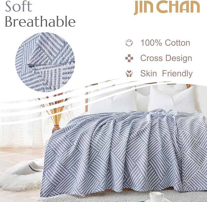 jinchan Boho 100% Cotton Blanket Muslin 50x60 Inches Lightweight 3-Layer Geometric Square Striped Pattern Reversible Quilt Throw Soft Breathable Comfy All Seasons for Couch Bed Decor, Blue-Ruum Studio Home