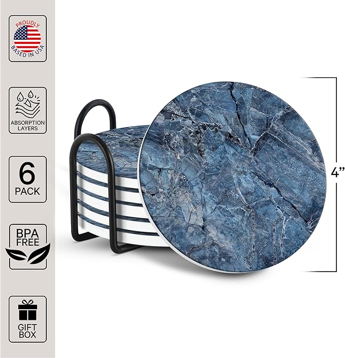 Emerson Coasters for Drinks Absorbent – Natural Stone Drink Coasters Set with Holder, Coasters for Coffee Table, Wooden Tabletop Protection Marble Style – 100% Heavy Duty Set of 6 (Mystic)-Ruum Studio Home