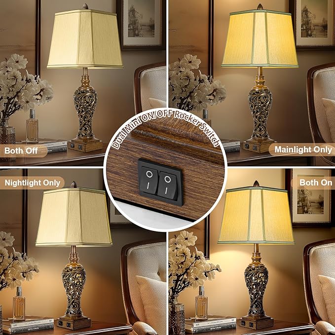 28.5'' Tall Farmhouse Vintage Table Lamp Set of 2 with Faux Silk Shade USB Ports Nightlight Decor for Bedside Living Room Bedroom Nightstands Office Home, Dark Bronze(Bulbs Included)-Ruum Studio Home