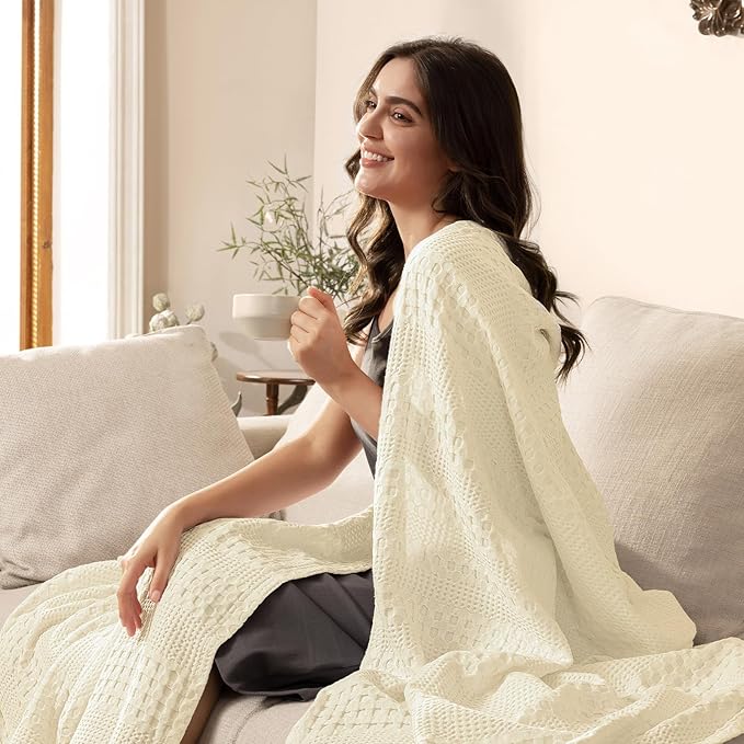 PHF Cooling Waffle Blanket King Size, Lightweight 60% Rayon Derived from Bamboo & 40& Cotton Breathable Blanket for Hot Sleepers, Soft and Luxury for Bed Couch and Sofa, 104"x90", Ivory-Ruum Studio Home