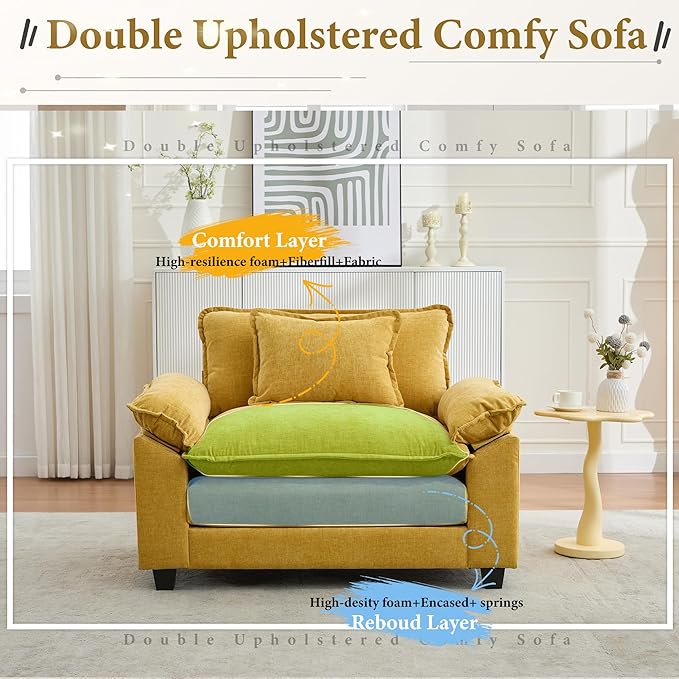 URRED Modular Sectional Sofa Comfy Cloud Couch, Modern Chenille Sofa Sleeper Deep Seat Couches with Ottoman/Pillows for Living Room (Yellow, 53'')-Ruum Studio Home