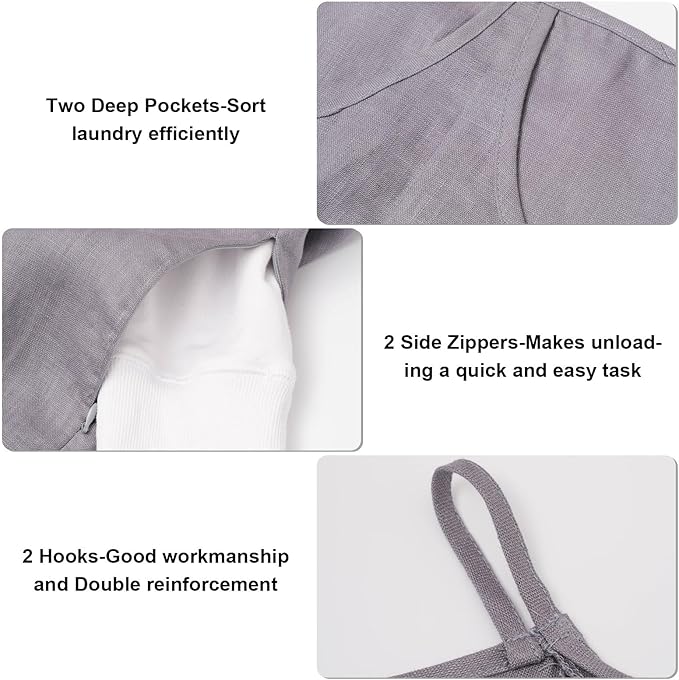 100% Pure Linen Dual Hanging Laundry Bag with 2 Deep Pocket and 2 Side Zipper 20x27in, Over The Door Laundry Hamper Space Saving Hampers for Dirty Clothes Home Travel, Grey-Ruum Studio Home