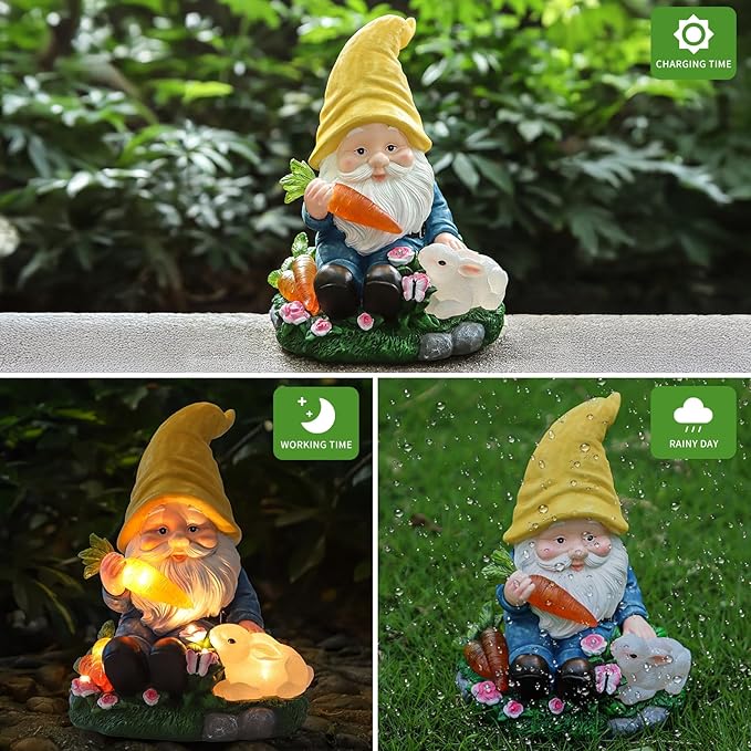 Solar Garden Outdoor Statues Gnome Feeding Rabbit with 6 LED Solar Figurine for Lawn,Patio,Balcony,Yard Decor Unique Housewarming Gift, for Grandfather, Father,Grandma-Ruum Studio Home