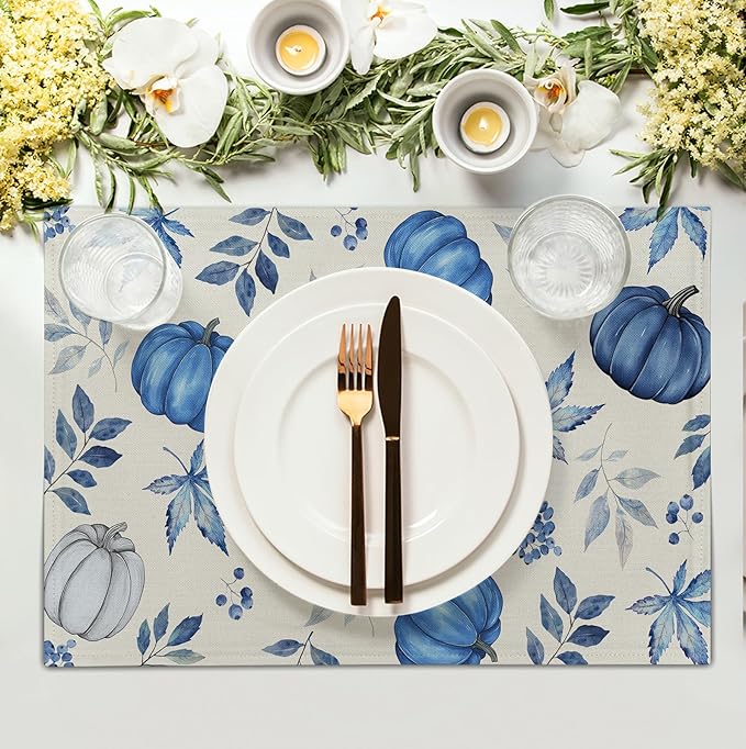 Blue Pumpkin Maple Leaves Fall Placemats Set of 4 Autumn Thanksgiving Harvest Linen Place Mat Non Slip Heat Resistant Washable Table Mats for Party Kitchen Dining Decoration-Ruum Studio Home