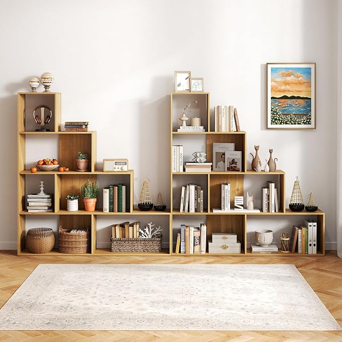 Tangkula 4-Tier Stepped Bookshelf, Freestanding 6 Cubes Ladder Bookcase with Anti-Tipping Kits, 64" Tall Modern Wooden Storage Display Rack for Home Office Living Room Study (1, Natural)-Ruum Studio Home