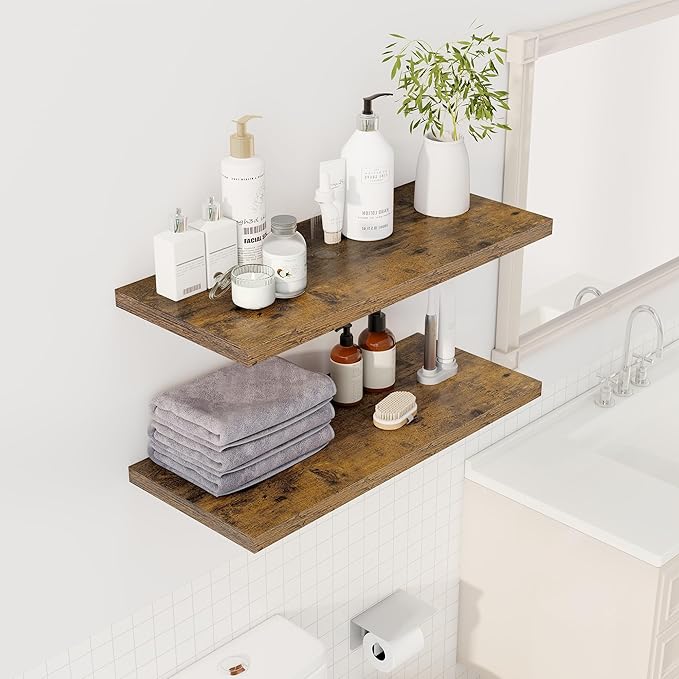 32" Floating Shelves for Wall, 12" Deep Slim Rustic Brown Floating Shelves, Wall-Mounted Shelves for Bedroom, Living Room, Kitchen, Bathroom - Set of 2-Ruum Studio Home