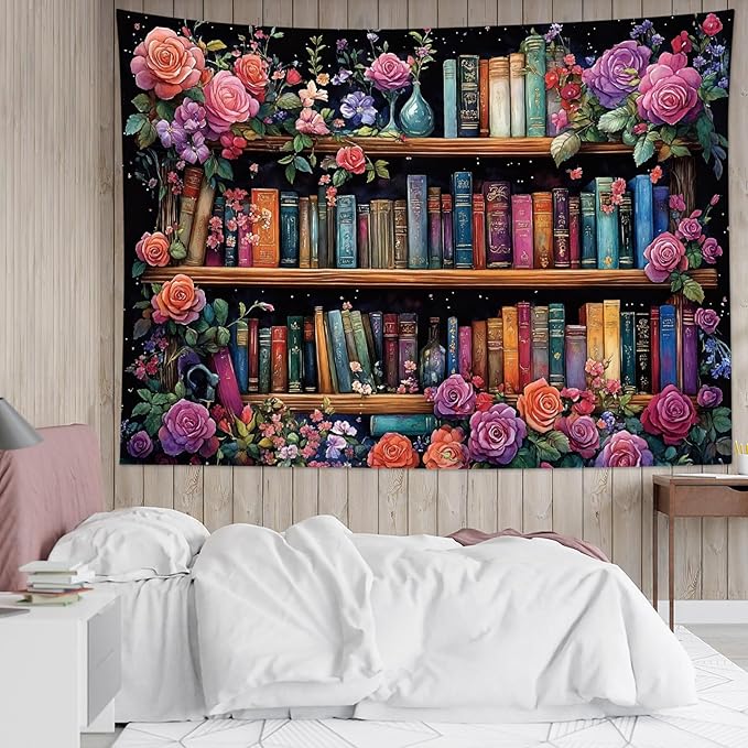 HVEST Bookshelf Wall Tapestry Pink Floral Green Leaf Watercolor Plant Botanical Aesthetic Tapestry Wall Hanging Vintage Library Book Tapestries for Bedroom Living Room Dorm, 70.9L x 92.5W Inches-Ruum Studio Home