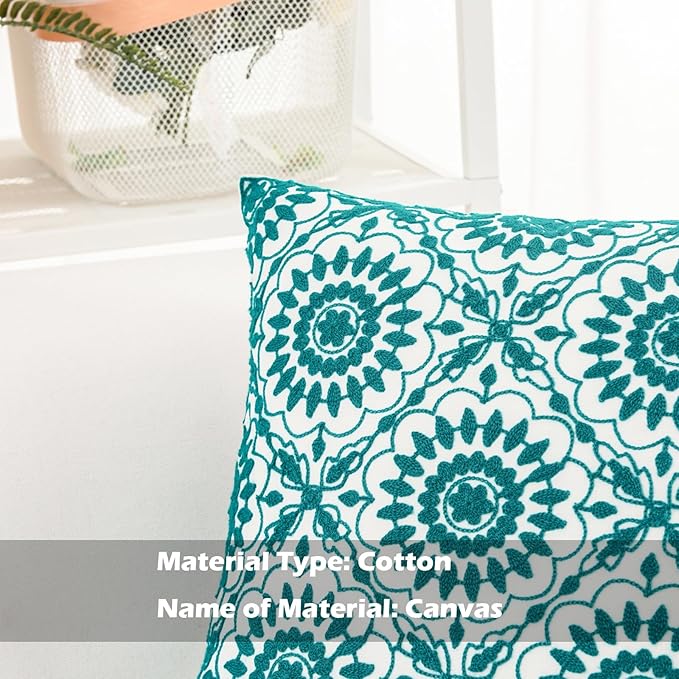 HWY 50 Teal Decorative Throw Pillow Covers 18x18 Inch (1 Piece), Embroidered Cotton Farmhouse Cushion Cover Pillow Case for Sofa Couch Living Room Bed, Little Sunflower-Ruum Studio Home
