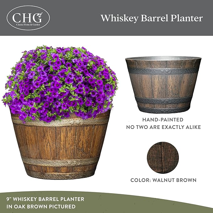 Classic Home & Garden Whiskey Barrel Planters - Wood Finish Flower Planter Pot - Decorative Garden Pots - Indoor & Outdoor Resin Planters - Weather-Resistant Planting Pots (9" Walnut Brown, Pack of 1)-Ruum Studio Home
