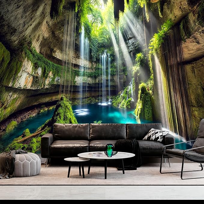 BSFHH Nature Tapestry Forest Tree Sea Cave Wall Hanging, Stream Through Rainforest Landscape Wall Art Tapestry for Bedroom Living room (Fall, 90"×70", Unframed)-Ruum Studio Home