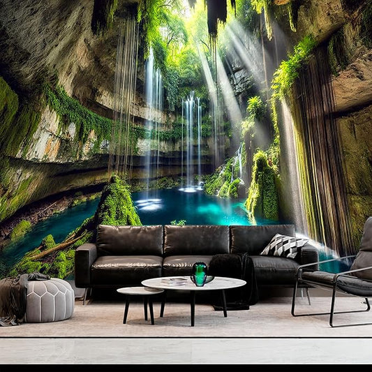 BSFHH Nature Tapestry Forest Tree Sea Cave Wall Hanging, Stream Through Rainforest Landscape Wall Art Tapestry for Bedroom Living room (Fall, 79"×59", Unframed)-Ruum Studio Home