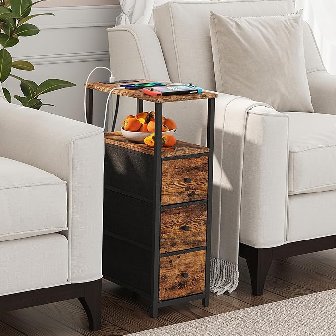 TUTOTAK Narrow Night Stand with Charging Station, Slim End Table with Plugins, Tall Side Table with 3 Fabric Drawer, Small Bedside Table with Storage, Set of 2, Living Room, Bedroom, Brown TB01BB073-Ruum Studio Home