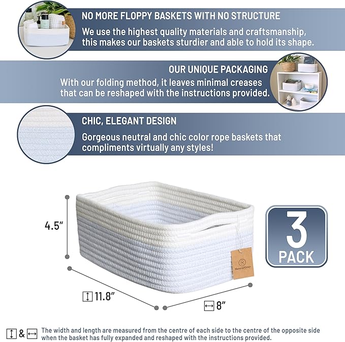 NaturalCozy 11.8"x8"x4.5” Rectangle Storage Baskets for Shelves 3 Pack | Cotton Rope Woven Small Baskets for Organizing | Small Storage Bins for Nursery, Bathroom, Closet, Shelf, Decorative, Gift-Ruum Studio Home
