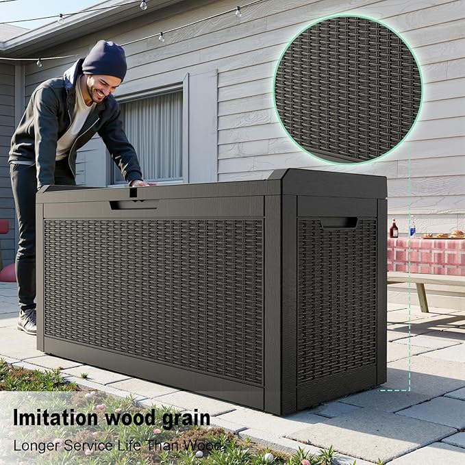 Vixzen 60 Gallon Outdoor Deck Box,Lockable Resin Waterproof Storage Box,UV Resistant,Weather Resistance,Outside Storage Bin for Gardening Tools,Pool Supplies,Black-Ruum Studio Home