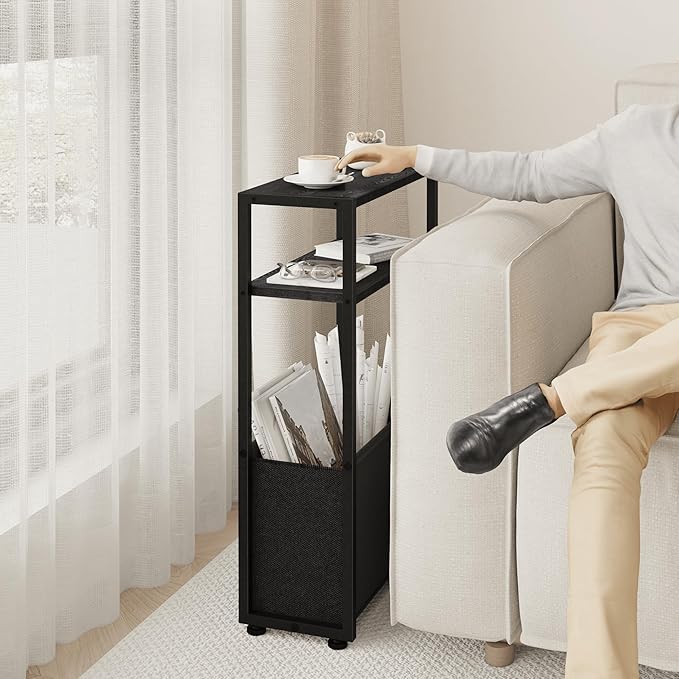 Black Side Table, Slim Side Table with Magazine Rack, Bathroom Table for Small Spaces, Narrow Bedside Table for Living Room, Bedroom-Ruum Studio Home