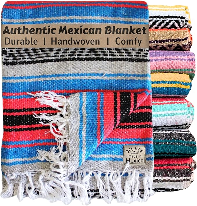 Del Mex Classic Mexican Blanket, Large Authentic Woven Falsa Throw (70"x50"), Artisan Southwest Décor for Beach, Yoga, Outdoors (Salmon/Blue)-Ruum Studio Home