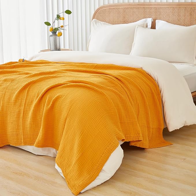 EMME Cotton Throw Blanket for Couch Soft Muslin Blankets 50"x60" Lightweight Breathable Blanket All Season Gauze Blanket, Mustard Yellow-Ruum Studio Home