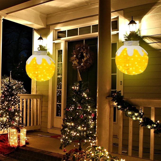 BRIGHTDECK Outdoor Christmas Ornaments, Lighted Pop-Up Outdoor Holiday Ball Decoration with 80 LED Lights, 8 Light Modes, Lighted Collapsible Holiday Decorations for Yard, Home (Yellow)-Ruum Studio Home