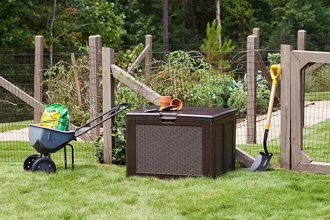 Rubbermaid Medium Resin Outdoor Storage Deck Box (74 Gal) Weather Resistant Brown Deck Organization for Home/Backyard/Pool Chemicals/Toys/Garden Tools/Porch/Patio Cushions-Ruum Studio Home