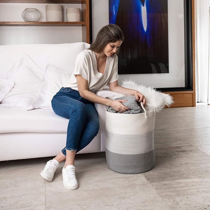 OrganiHaus Gray Nursery Laundry Basket 15x18 | Farmhouse Hamper Basket | Extra Large Storage Basket | Blanket Basket for Living Room | Baby Laundry Hamper | Toy Basket for Kids | Soft Pillow Basket-Ruum Studio Home