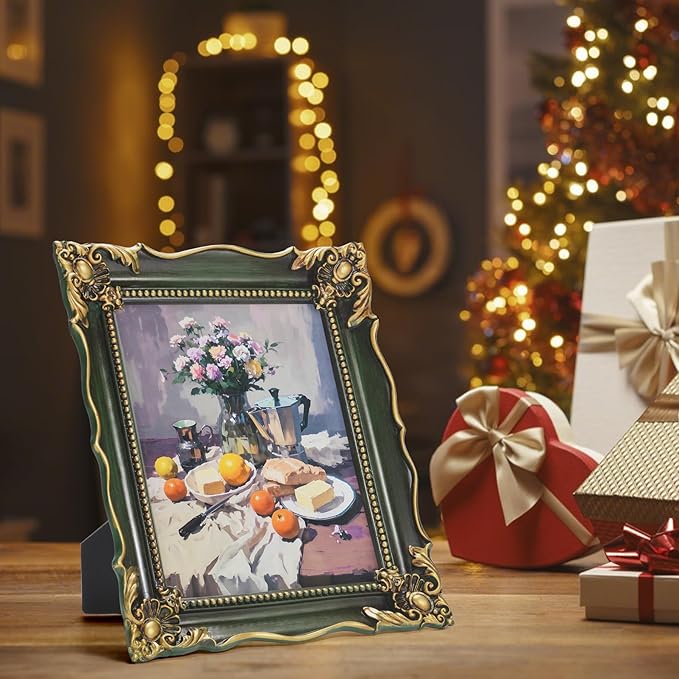 8x10 Vintage Picture Frame with Embossed Flower Design, Green Ornate Frame for 8x10 or 5x7 Pictures with White Mat, Hand-Crafted Resin Antique Frames for Tabletop & Wall Hanging, Home Decor (Green )-Ruum Studio Home