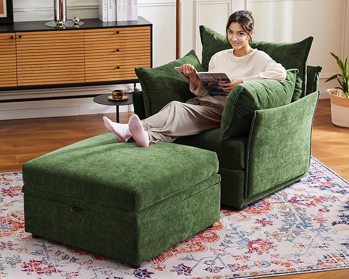 Oversized Loveseat Sofa, Modern Modular Sectional Couch Green Fluffy Chenille Mid Century 2-Seat 24.5" Deep Seat for Apartment, Living Room, Bedroom-Ruum Studio Home