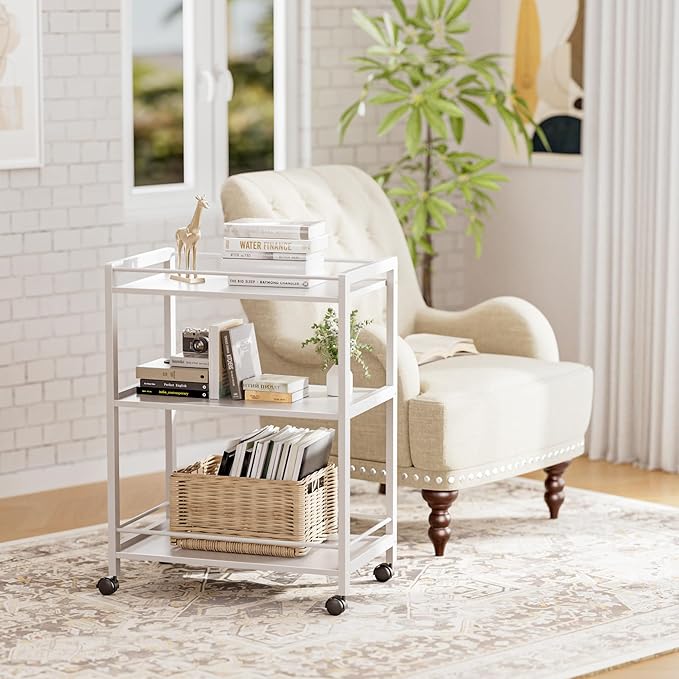 HITNET White Bar Cart, Home Bar Serving Cart, Kitchen Trolley on Wheels with Storage, 3 Tier Rolling Beverage Cart for Living Room Kitchen Home Office-Ruum Studio Home