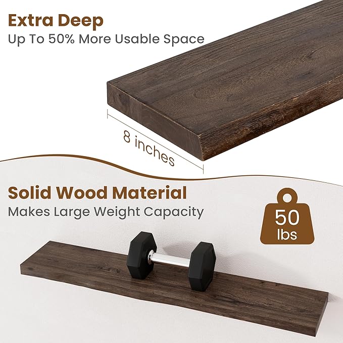 Floating Shelves for Wall Decor, Rustic Solid Elm Wood Live Edge Floating Shelves Wall Mounted, Wall Shelves with Invisible Bracket for Living Room Bathroom Bedroom Kitchen, 36 Inch Set of 2, Walnut-Ruum Studio Home