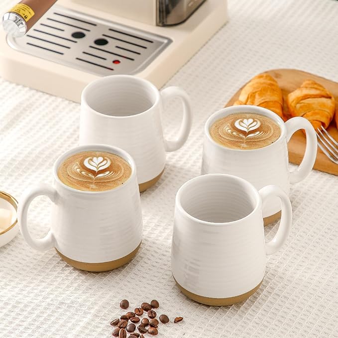 Large Ceramic Coffee Mugs Set - 15 OZ Porcelain Coffee Latte Cups Set of 4 with Handle Perfect for Cappuccino, Tea, Mocha, Hot or Cold Drinks, Unique Glaze Design for Home, Cafe and Coffee Bar, White-Ruum Studio Home