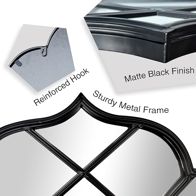 Window Mirror Pane, Black Metal Frame, Cathedral Arched Wall Mirrors Decorative Over Fireplace Mantel, Farmhouse Decorations for Dining Living Room Hallway Entryway-Ruum Studio Home