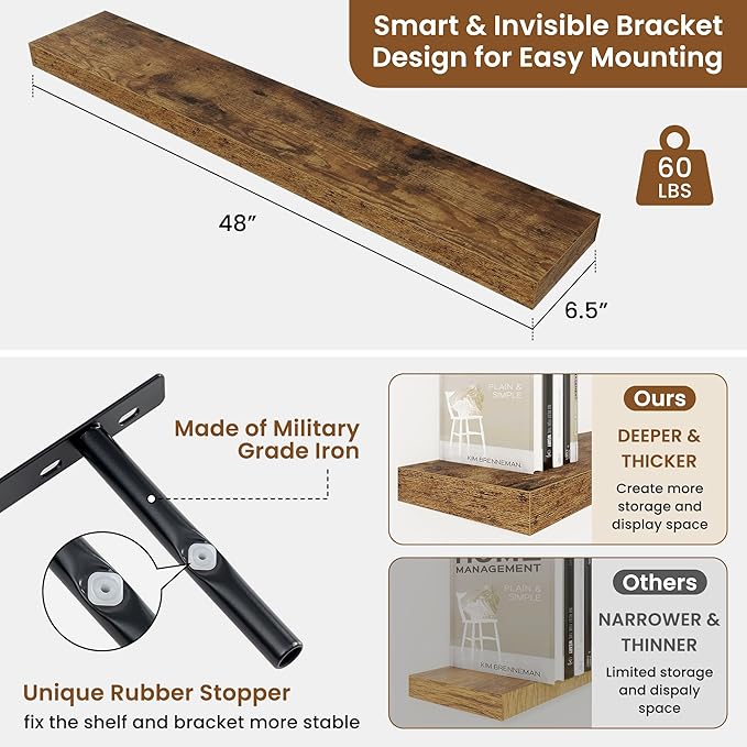 fuqing Floating Shelves for Wall, Bathroom Shelf Wall Mounted for Storage, Shelves with Invisible Bracket for Bedroom, Kitchen, Living Room, Farmhouse Small Book Shelf, 48 Inch Set of 2, Rustic Brown-Ruum Studio Home