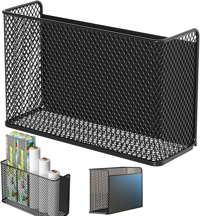 Magnetic Basket Fridge Lint Bin Dryer Ball Holder Laundry Room Organization Home Storage for Class Office School (Mesh，(1-Pack) Black/L)-Ruum Studio Home